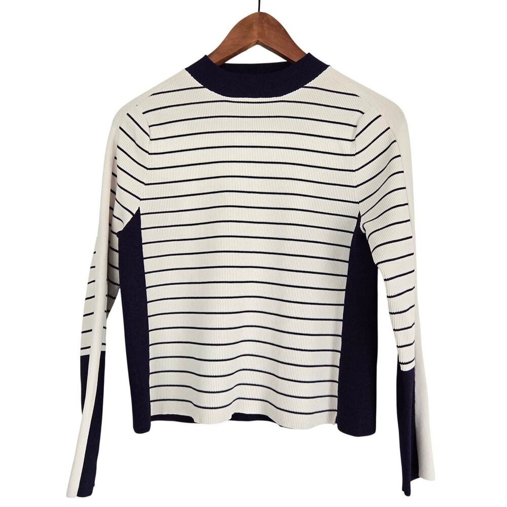 French Girl Chic Striped Mock Neck Knit Colorblock Sweater Purple Ribbed Top 2